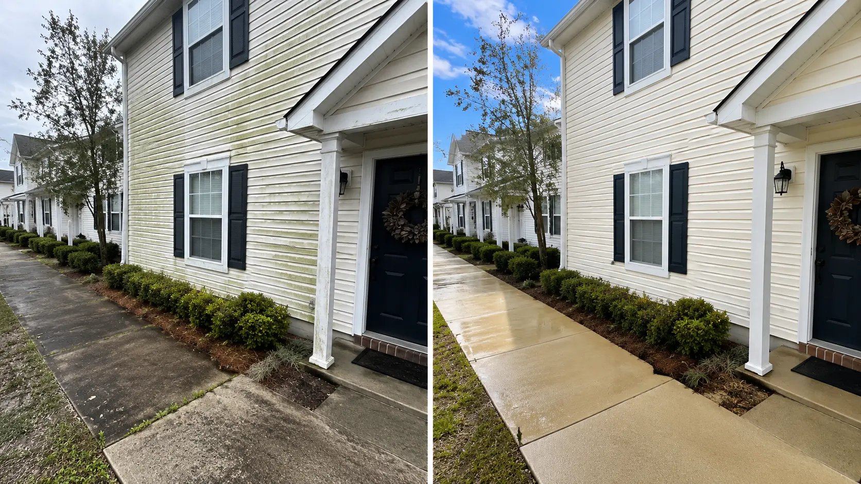 Before and after soft washing Isle of Palms SC beach house salt damage